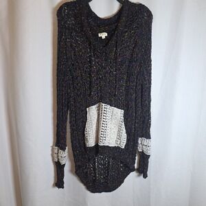 POL Black Color Accents Pullover Hoodie Sheer Sweater Size L